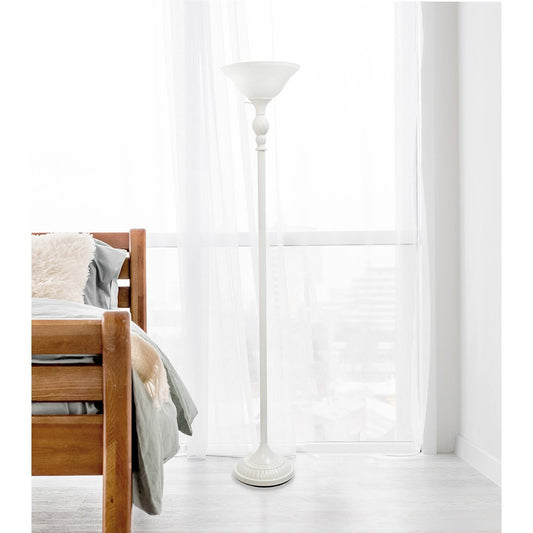 Classic 1 Light Torchiere Floor Lamp with Marbleized Glass ShadeWhite