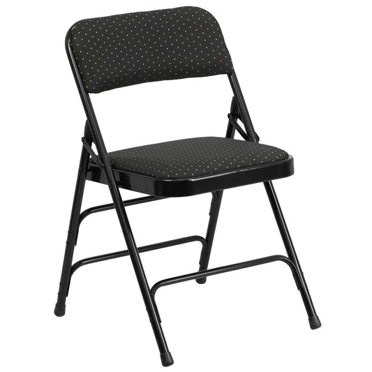 HERCULES Series Curved Triple Braced & Double Hinged Black Patterned Fabric Metal Folding Chair