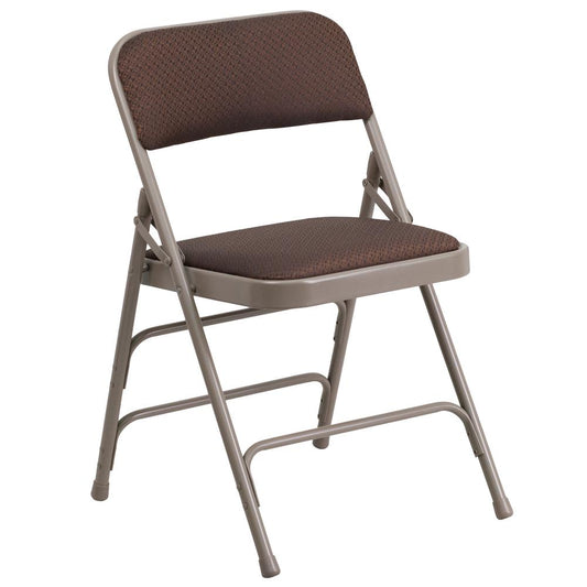 HERCULES Series Curved Triple Braced & Double Hinged Brown Patterned Fabric Metal Folding Chair