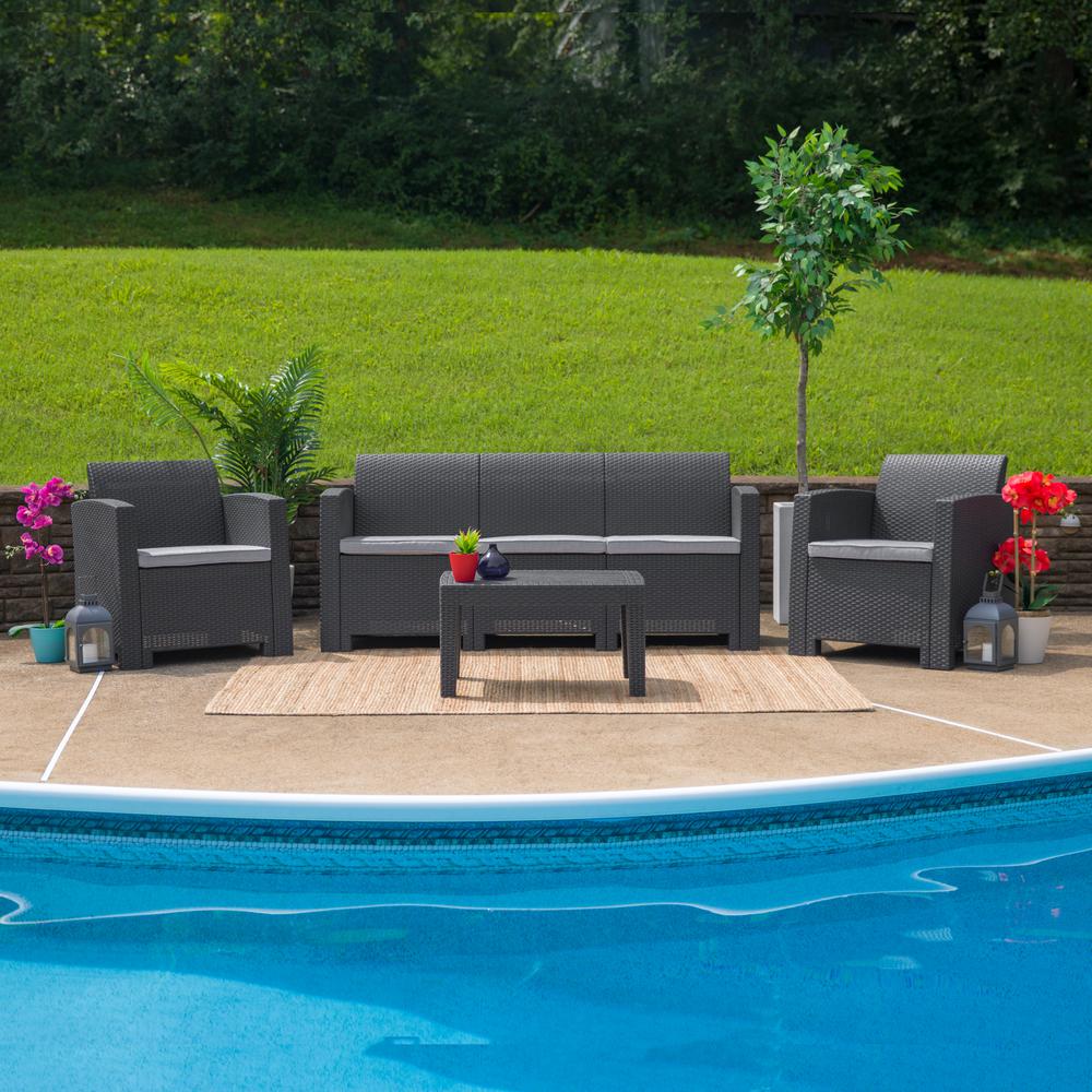 4 Piece Outdoor Faux Rattan Chair, Sofa and Table Set in Dark Gray