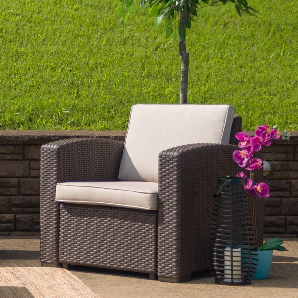 Chocolate Brown Faux Rattan Chair with All-Weather Beige Cushion