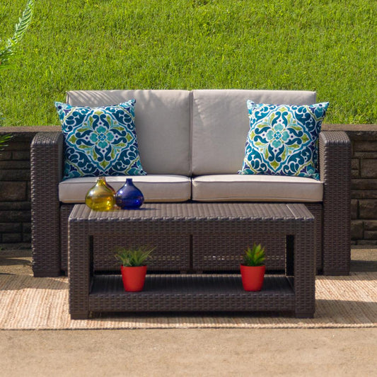 Chocolate Brown Faux Rattan Loveseat with All-Weather Beige Cushions