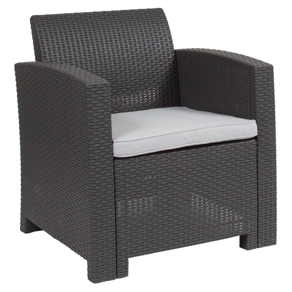 Dark Gray Faux Rattan Chair with All-Weather Light Gray Cushion