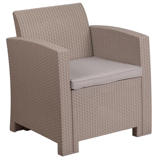 Light Gray Faux Rattan Chair with All-Weather Light Gray Cushion