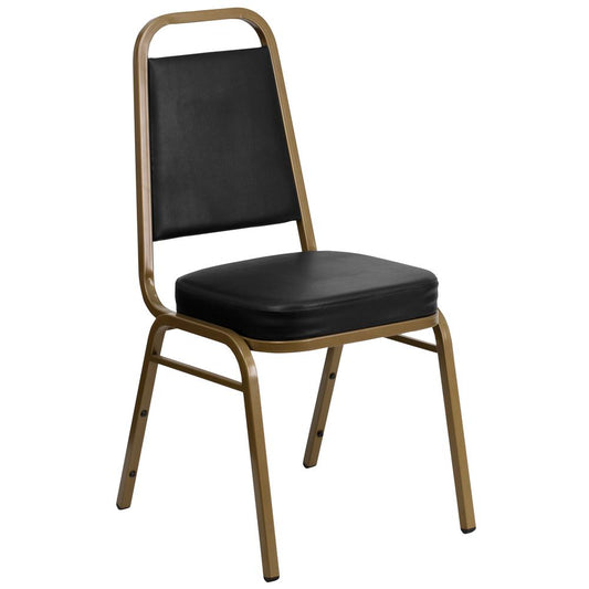 HERCULES Series Trapezoidal Back Stacking Banquet Chair in Black Vinyl - Gold Frame