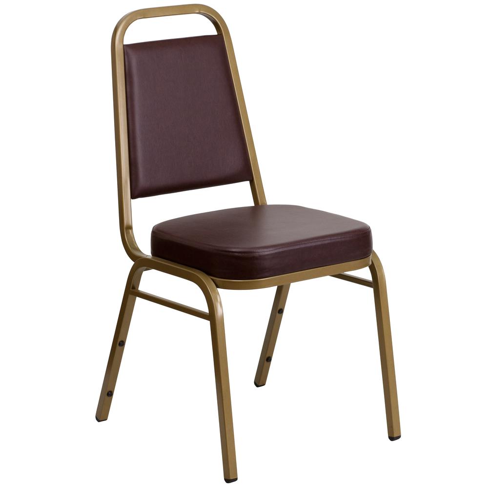 HERCULES Series Trapezoidal Back Stacking Banquet Chair in Brown Vinyl - Gold Frame