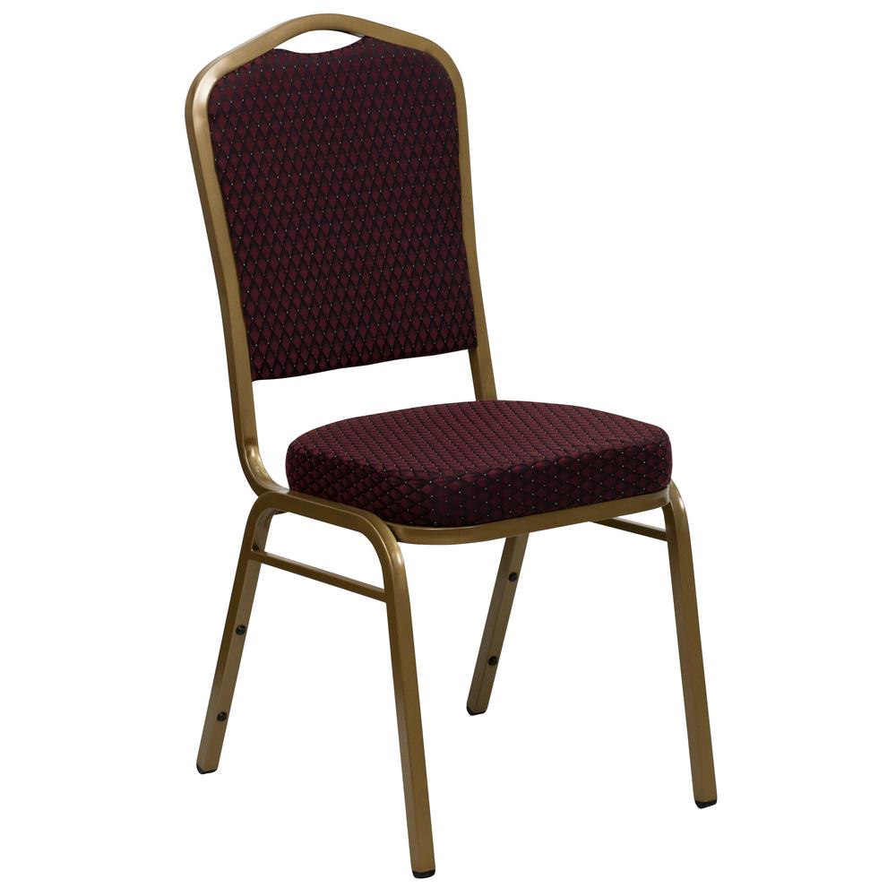 HERCULES Series Crown Back Stacking Banquet Chair in Burgundy Patterned Fabric - Gold Frame