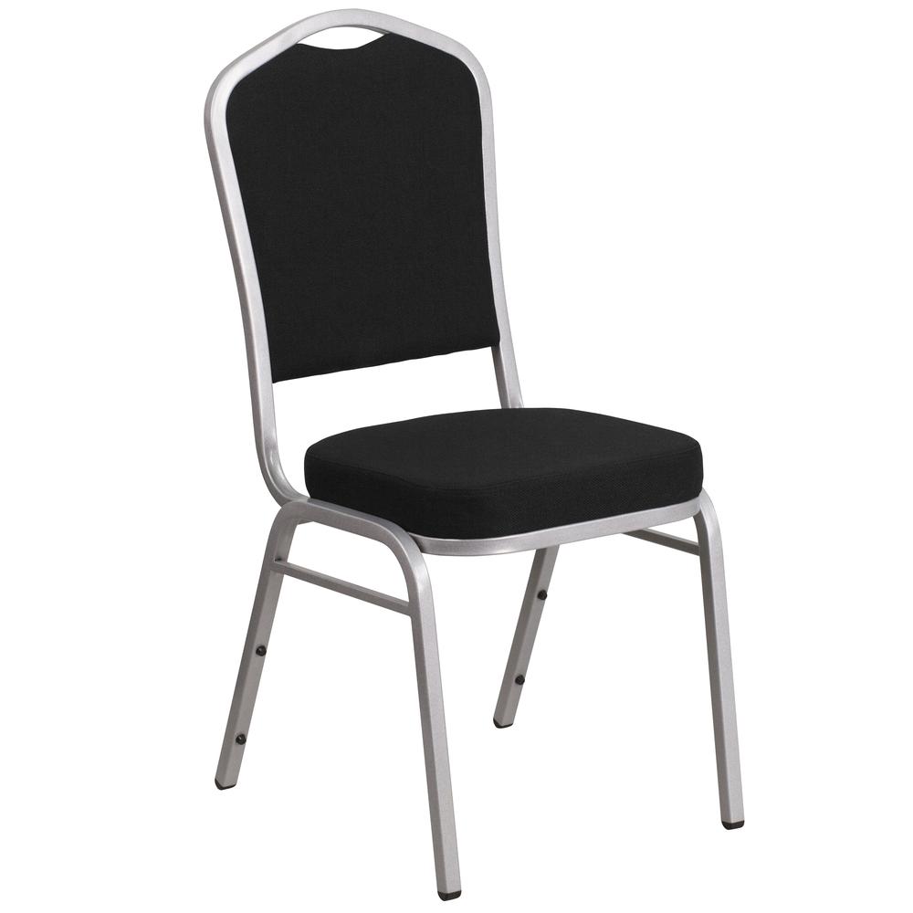 HERCULES Series Crown Back Stacking Banquet Chair in Black Fabric - Silver Frame