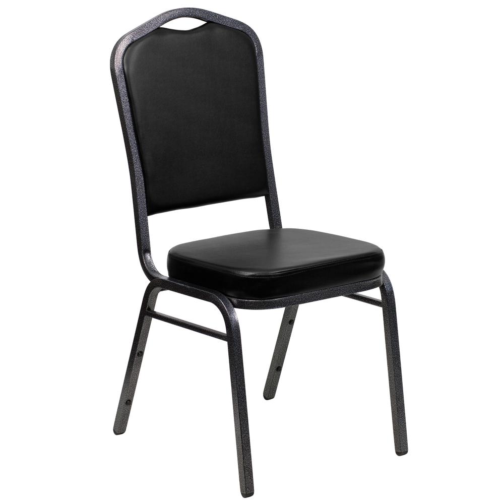 HERCULES Series Crown Back Stacking Banquet Chair in Black Vinyl - Silver Vein Frame