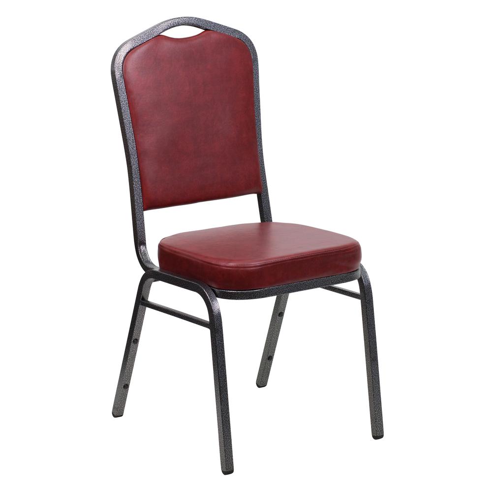 HERCULES Series Crown Back Stacking Banquet Chair in Burgundy Vinyl - Silver Vein Frame