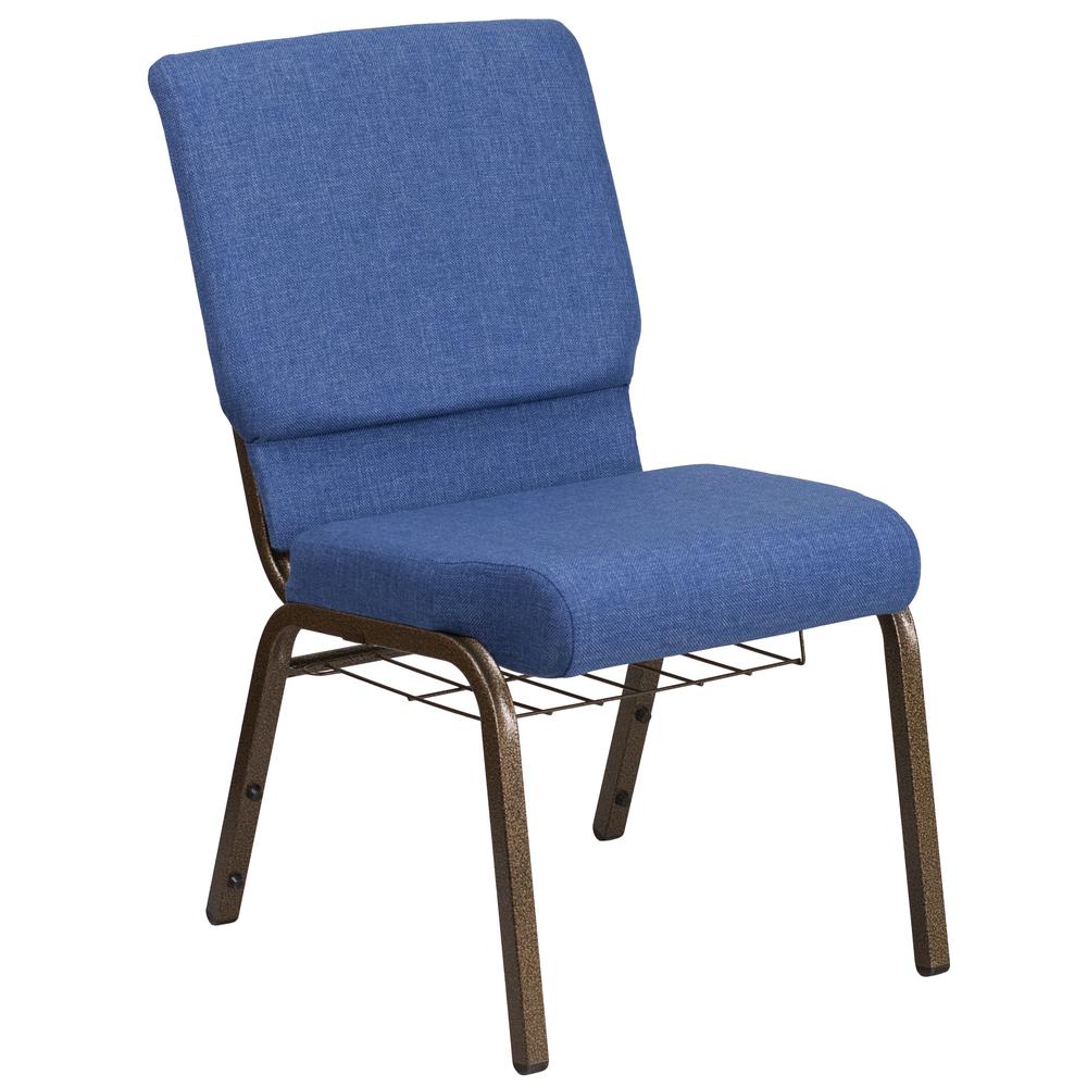 HERCULES Series 18.5''W Church Chair in Blue Fabric with Cup Book Rack - Gold Vein Frame