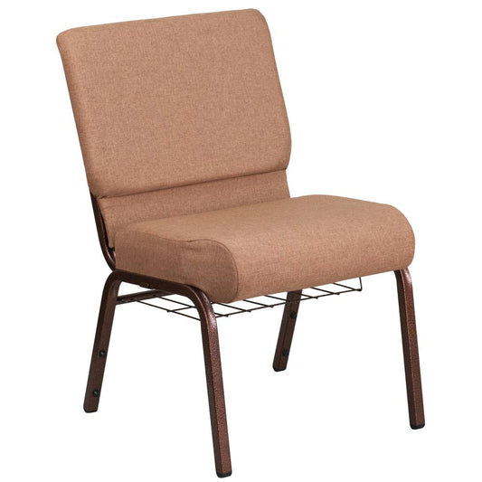 HERCULES Series 21''W Church Chair in Caramel Fabric with Cup Book Rack - Copper Vein Frame