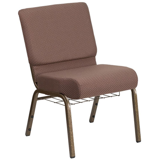 HERCULES Series 21''W Church Chair in Brown Dot Fabric with Book Rack - Gold Vein Frame