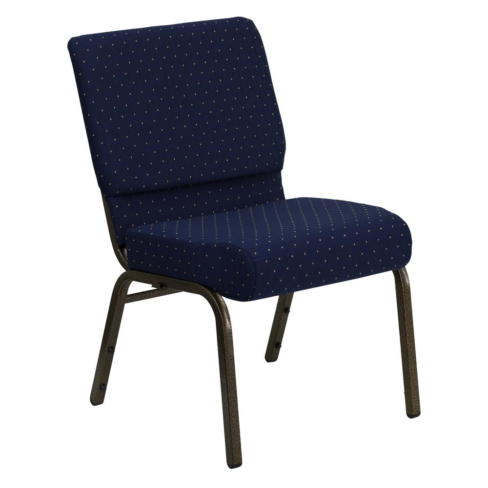 HERCULES Series 21''W Stacking Church Chair in Navy Blue Dot Patterned Fabric - Gold Vein Frame