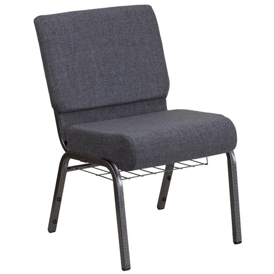 HERCULES Series 21''W Church Chair in Dark Gray Fabric with Book Rack - Silver Vein Frame