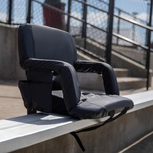 Black Portable Lightweight Reclining Stadium Chair with Armrests, Padded Back & Seat with Dual Storage Pockets and Backpack Straps