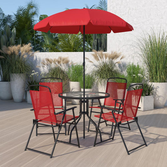 Nantucket 6 Piece Red Patio Garden Set with Umbrella Table and Set of 4 Folding Chairs