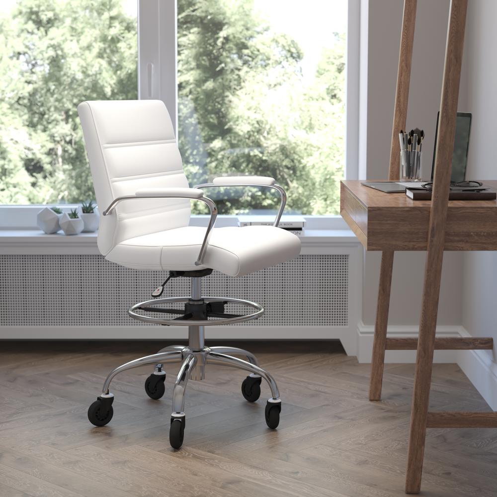 Lexi Mid-Back White LeatherSoft Drafting Chair with Adjustable Foot Ring, Chrome Base, and Transparent Roller Wheels