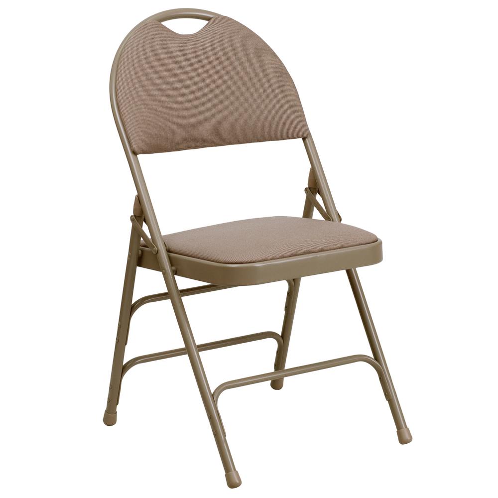 HERCULES Series Ultra-Premium Triple Braced Beige Fabric Metal Folding Chair with Easy-Carry Handle