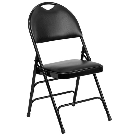 HERCULES Series Ultra-Premium Triple Braced Black Vinyl Metal Folding Chair with Easy-Carry Handle