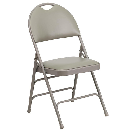 HERCULES Series Ultra-Premium Triple Braced Gray Vinyl Metal Folding Chair with Easy-Carry Handle