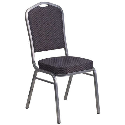 HERCULES Series Crown Back Stacking Banquet Chair in Black Patterned Fabric - Silver Vein Frame