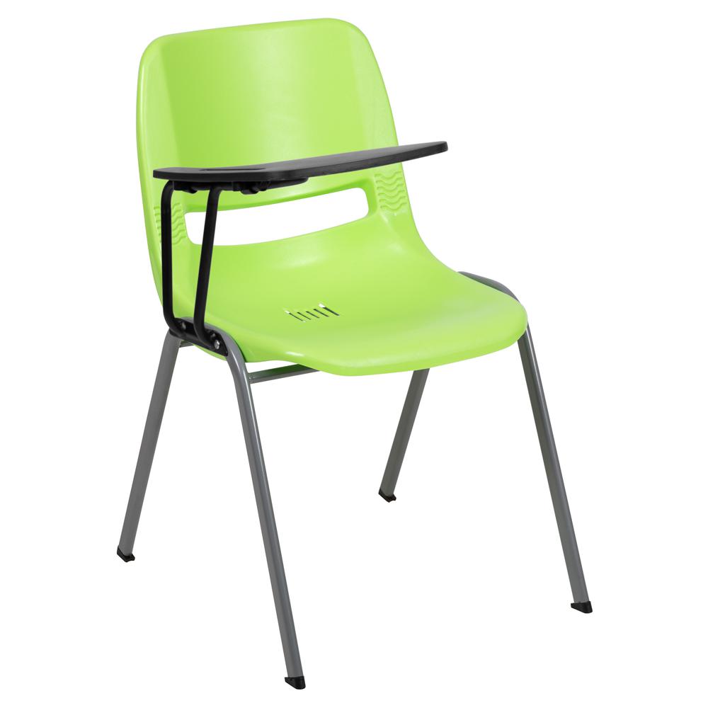 Green Ergonomic Shell Chair with Right Handed Flip-Up Tablet Arm