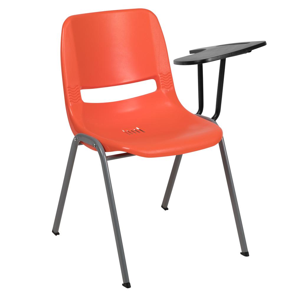 Orange Ergonomic Shell Chair with Left Handed Flip-Up Tablet Arm