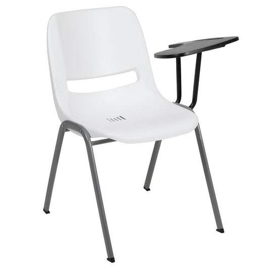 White Ergonomic Shell Chair with Left Handed Flip-Up Tablet Arm