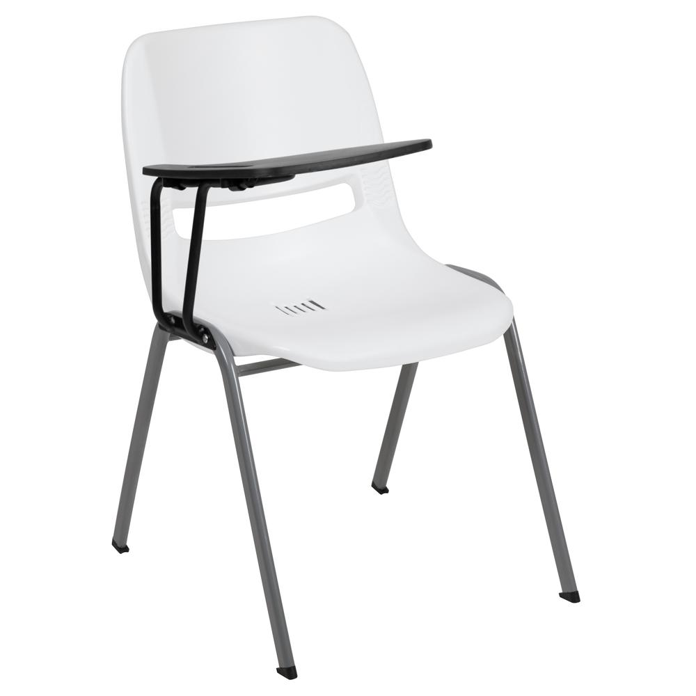 White Ergonomic Shell Chair with Right Handed Flip-Up Tablet Arm