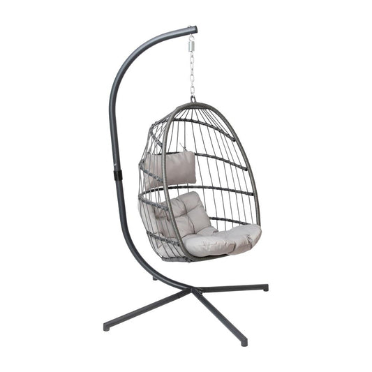 Cleo Patio Hanging Egg Chair, Wicker Hammock with Soft Seat Cushions & Swing Stand, Indoor/Outdoor Gray Frame-Gray Cushions