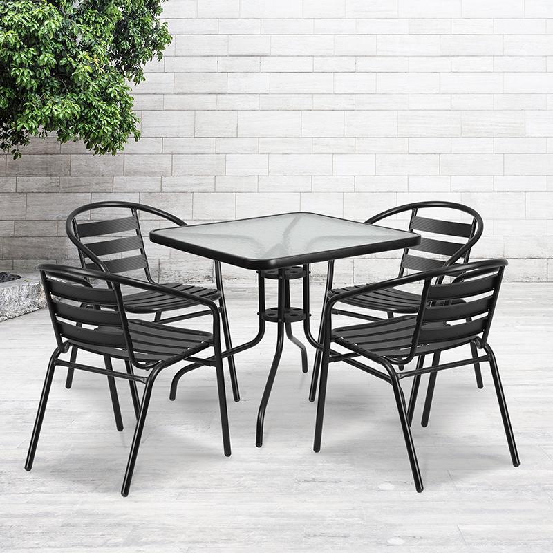 5 Piece Outdoor Glass Bar Patio Table Set with 4 Barstools