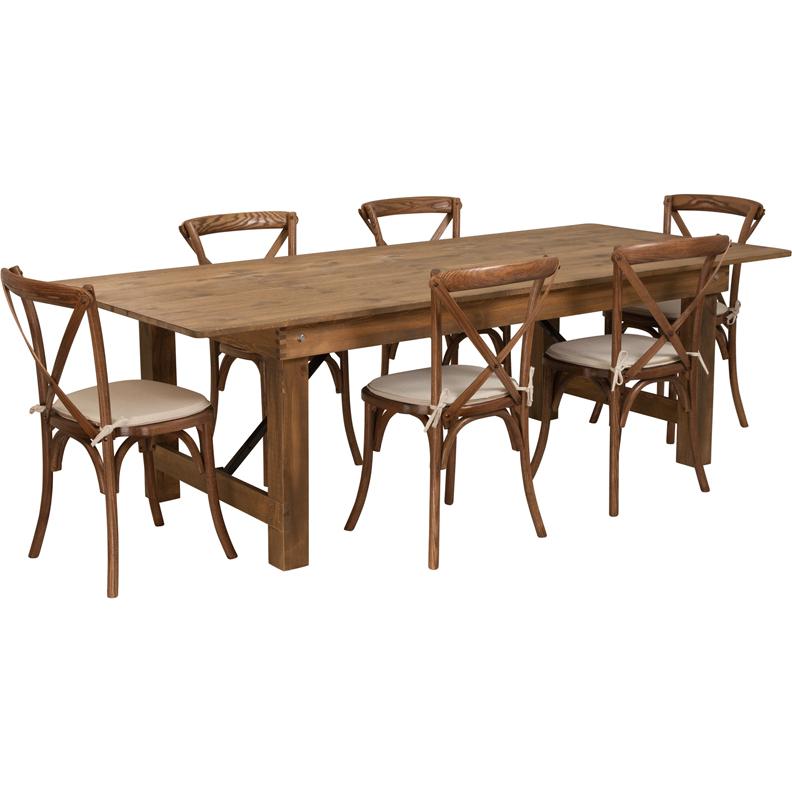 8'x40'' Antique Rustic Folding Farm Table Set-6 Cross Back Chairs and Cushions