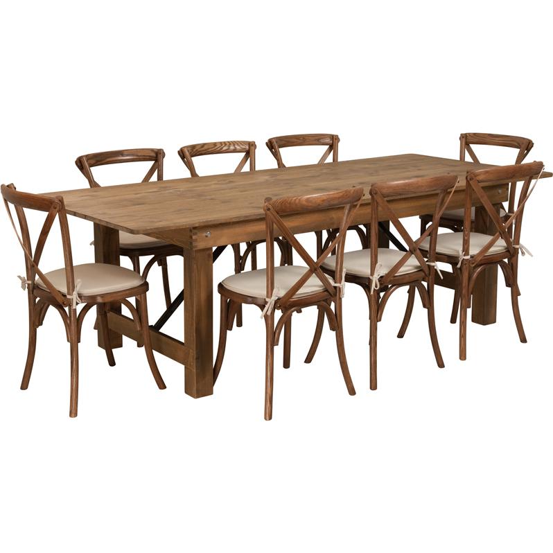 8'x40'' Antique Rustic Folding Farm Table Set-8 Cross Back Chairs and Cushions