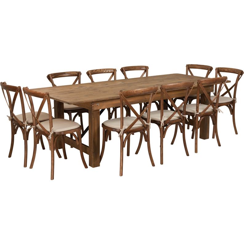 8'x40'' Antique Rustic Folding Farm Table Set-10 Cross Back Chairs and Cushions