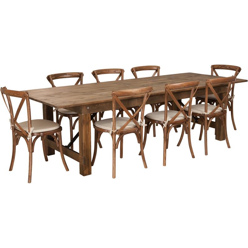 9'x40'' Antique Rustic Folding Farm Table Set-8 Cross Back Chairs and Cushions