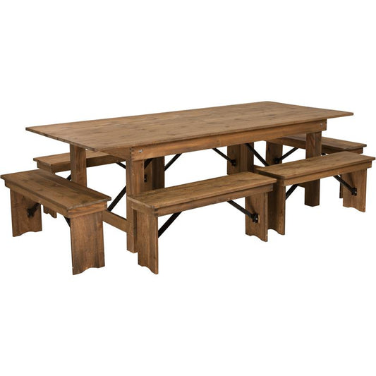 HERCULES Series 8' x 40'' Antique Rustic Folding Farm Table and Six Bench Set