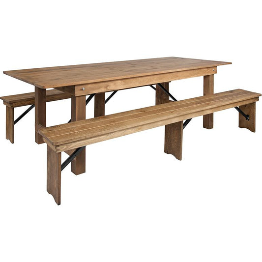 HERCULES Series 8' x 40'' Antique Rustic Folding Farm Table and Two Bench Set