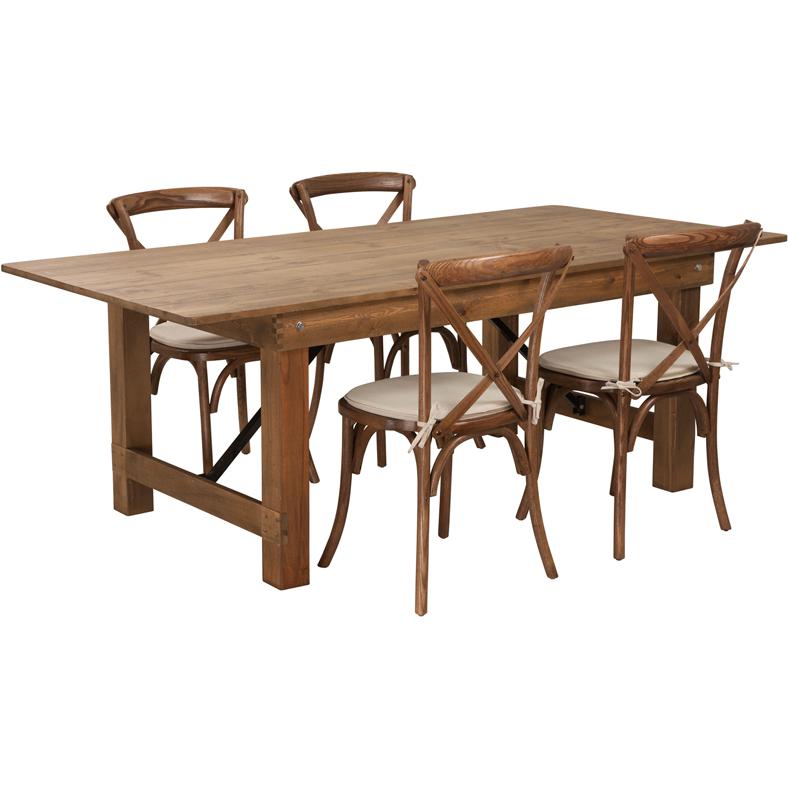 7'x40'' Antique Rustic Folding Farm Table Set-4 Cross Back Chairs and Cushions