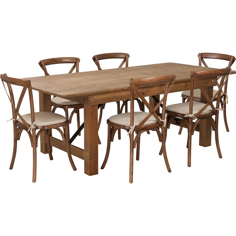 7'x40'' Antique Rustic Folding Farm Table Set-6 Cross Back Chairs and Cushions