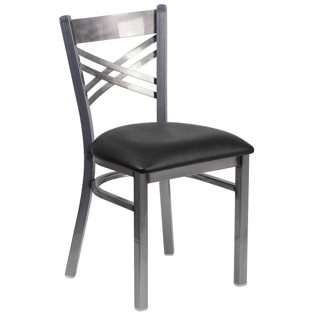 HERCULES Series Clear Coated ''X'' Back Metal Restaurant Chair - Black Vinyl Seat