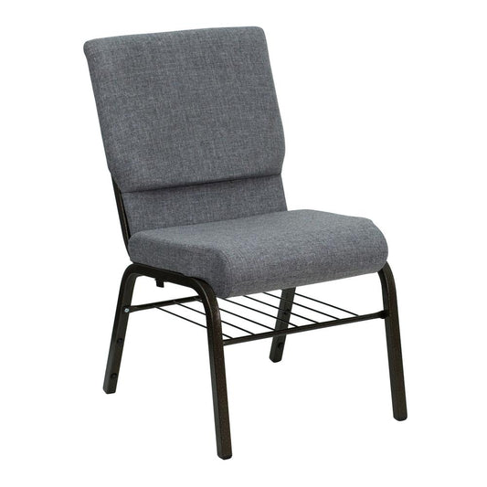 HERCULES Series 18.5''W Church Chair in Gray Fabric with Book Rack - Gold Vein Frame