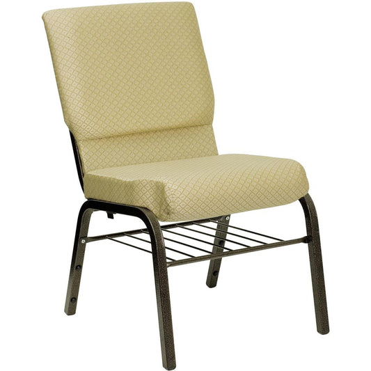 HERCULES Series 18.5''W Church Chair in Beige Patterned Fabric with Book Rack - Gold Vein Frame