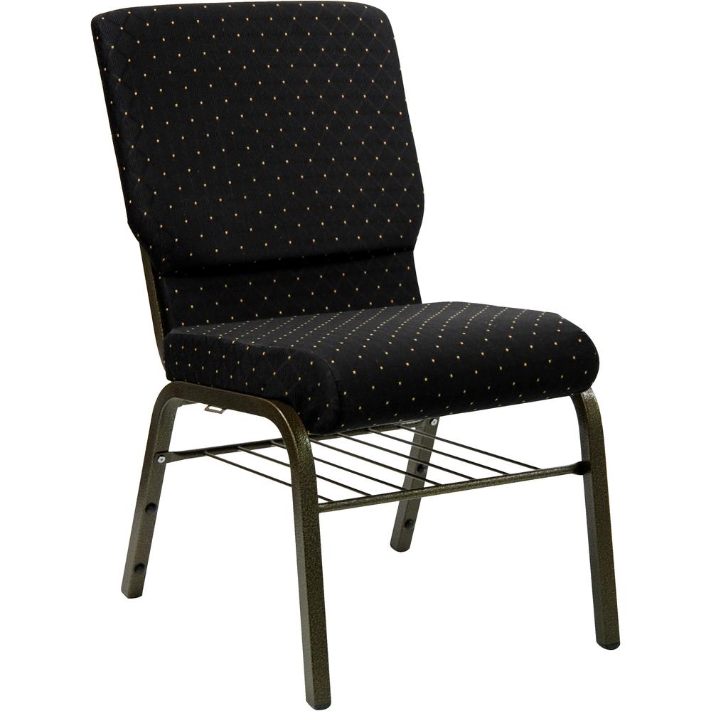 HERCULES Series 18.5''W Church Chair in Black Dot Patterned Fabric with Book Rack - Gold Vein Frame