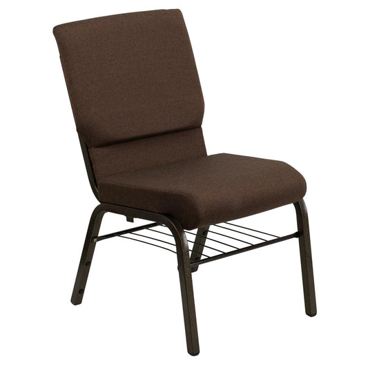 HERCULES Series 18.5''W Church Chair in Brown Fabric with Book Rack - Gold Vein Frame