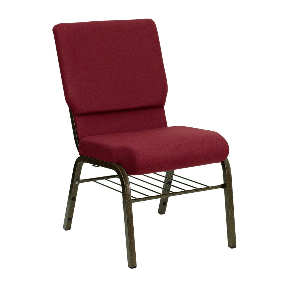 HERCULES Series 18.5''W Church Chair in Burgundy Fabric with Book Rack - Gold Vein Frame