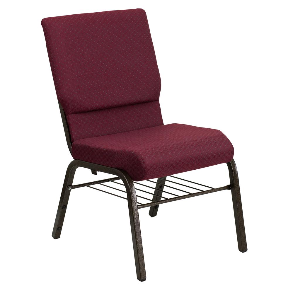 HERCULES Series 18.5''W Church Chair in Burgundy Patterned Fabric with Book Rack - Gold Vein Frame