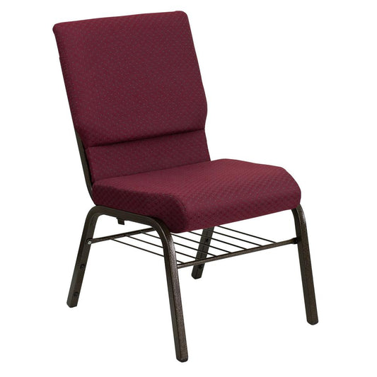 HERCULES Series 18.5''W Church Chair in Burgundy Patterned Fabric with Book Rack - Gold Vein Frame