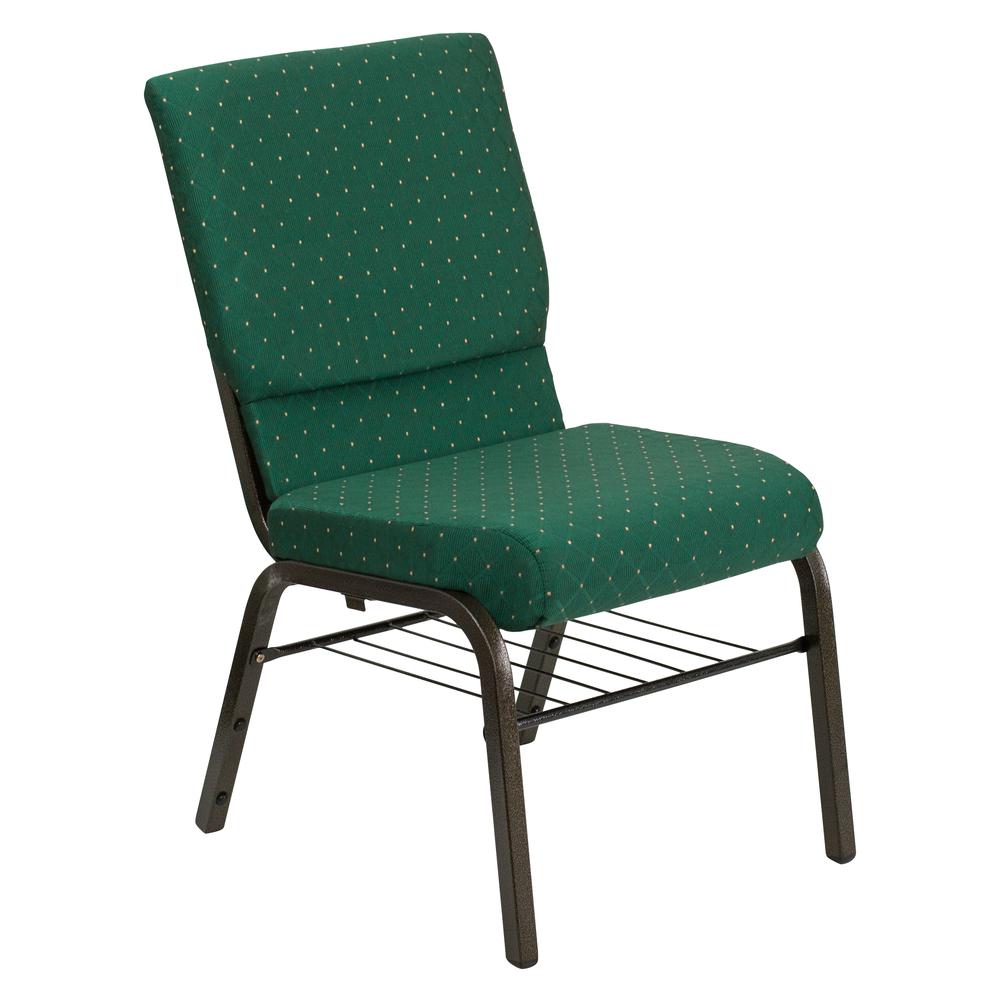 HERCULES Series 18.5''W Church Chair in Green Patterned Fabric with Book Rack - Gold Vein Frame