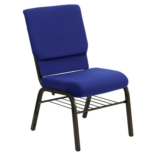 HERCULES Series 18.5''W Church Chair in Navy Blue Fabric with Book Rack - Gold Vein Frame